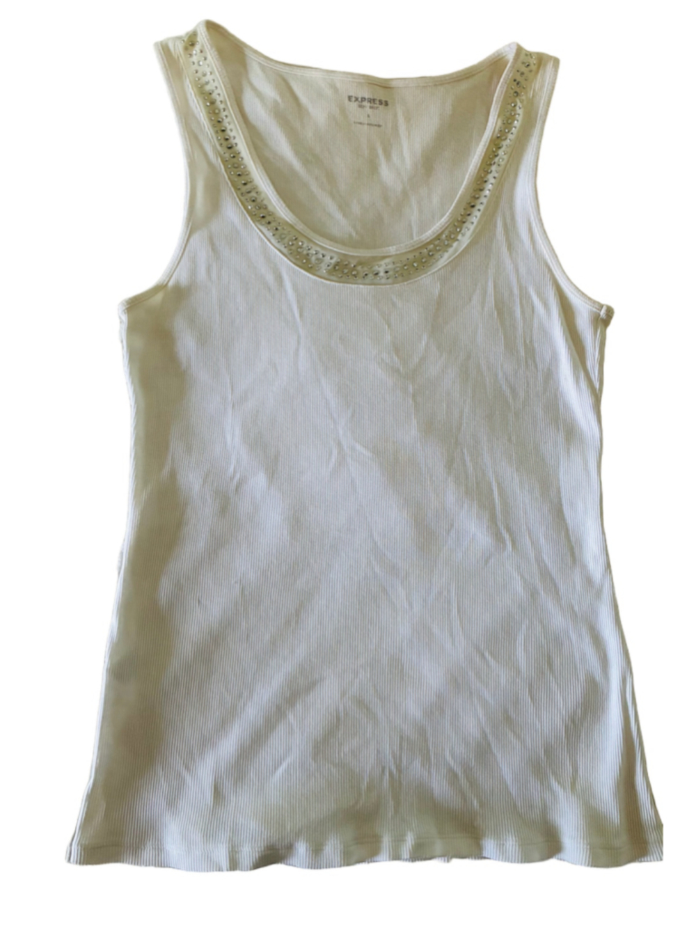 Express White Ribbed Tank Top with Silver Embellished Neckline Size Large